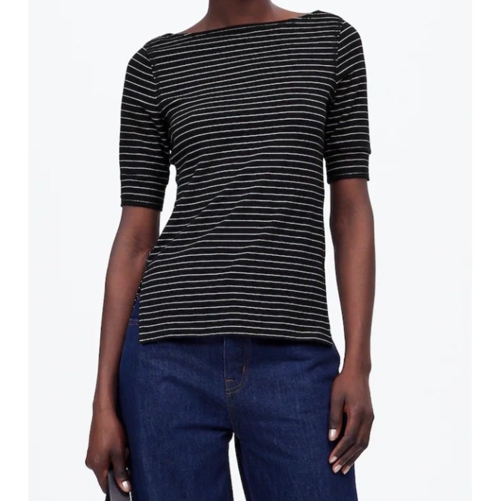 Madewell Womens T-Shirt Black White Size XS Striped Boatneck Side Slit‎ Shirt